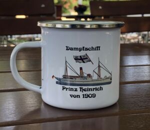 Emaille Becher mit silbernen Rand und farbigen Druck