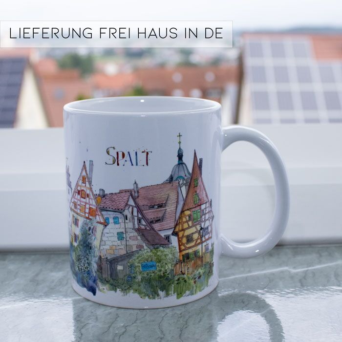 eine bedruckte Keramiktasse mit der Stadtsilhoutte von Spalt bedruckt von LÖFFLER - TASSEN-BEDRUCKEN24.DE