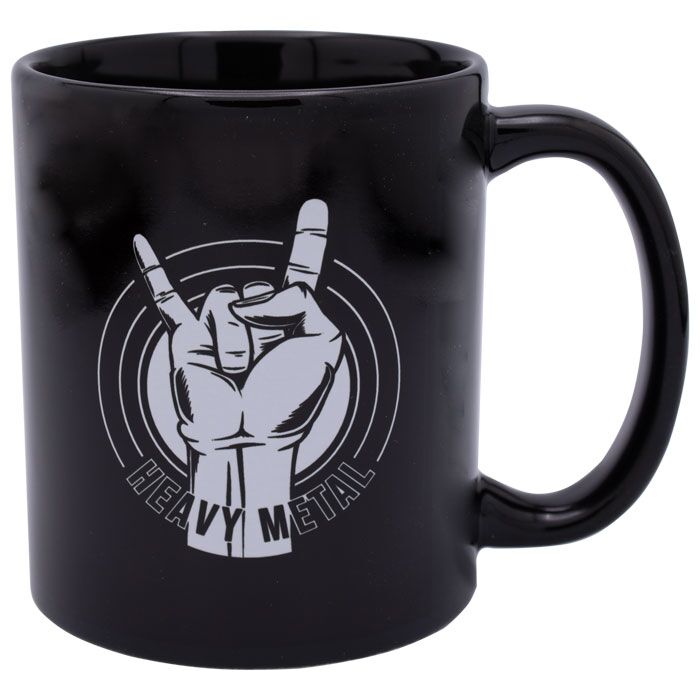 Schwarze Keramiktasse mit Metal-Fingergruß in weiß