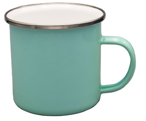 Emailletasse in mint mit silbernem Tassenrand