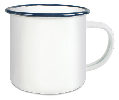 Großer Emaille Becher mit blauem Trinkrand zum bedrucken