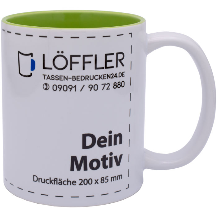 bedruckte Keramiktasse in weiß mit hellgrüner Innenseite von TASSEN-BEDRUCKEN24.DE