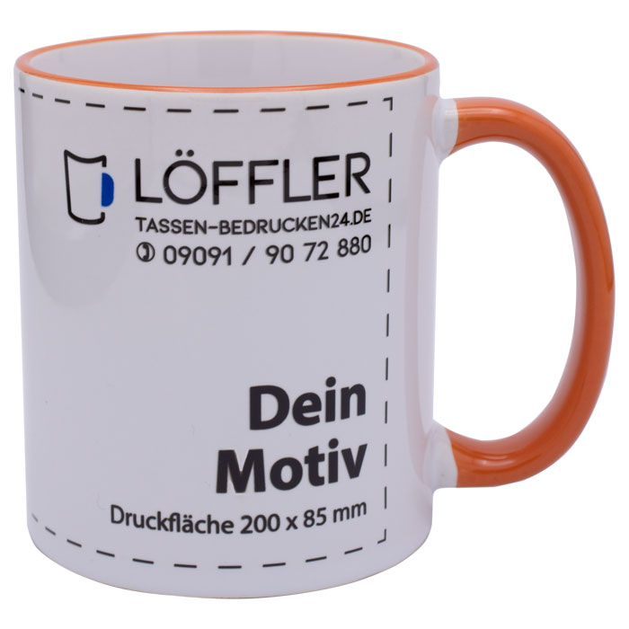 Keramiktasse in weiß mit orangenem Henkel und Tassenrand