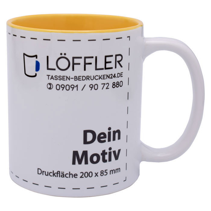 bedruckte Keramiktasse in weiß mit goldgelber Innenseite von TASSEN-BEDRUCKEN24.DE