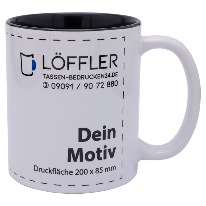 bedruckte Keramiktasse in weiß mit schwarzer Innenseite von TASSEN-BEDRUCKEN24.DE