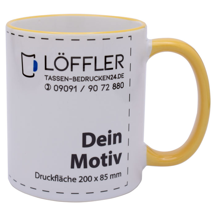 bedruckte Keramiktasse in weiß mit goldgelbem Rand und Henkel von TASSEN-BEDRUCKEN24.DE