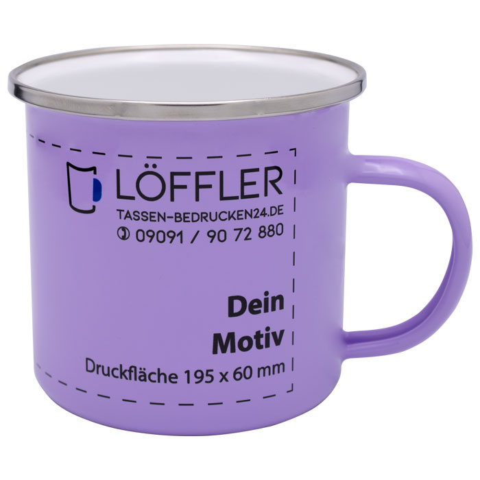 bedruckte Emaille-Tasse in lila mit weißer Innenseite von TASSEN-BEDRUCKEN24.DE