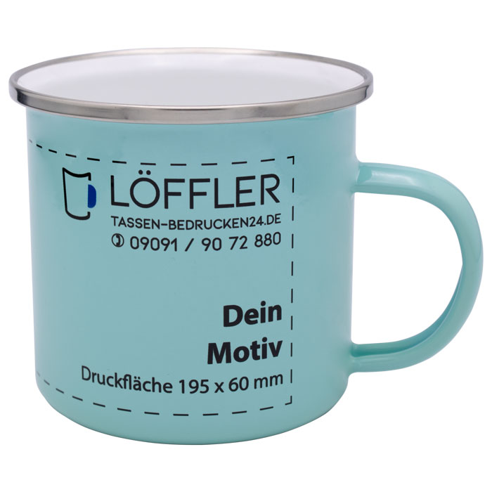 türkiser Emaille-Becher mit silbernem Rand und großem Druckbereich