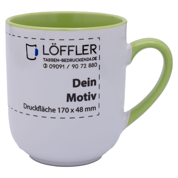 Keramiktasse PETRA in weiß mit hellgrüner Innenseite und Henkel von TASSEN-BEDRUCKEN24.DE