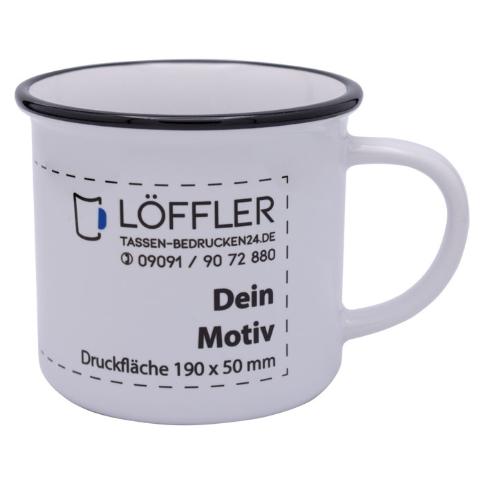 Keramiktasse TOM im Emaille-Style mit schwarzem Rand