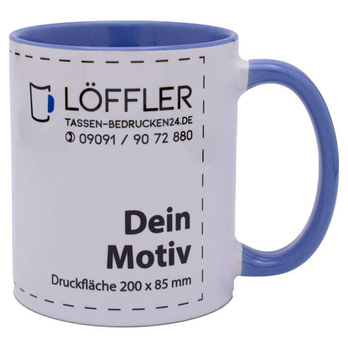 bedruckte Keramiktasse in weiß mit blauem Henkel und Innenseite von TASSEN-BEDRUCKEN24.DE