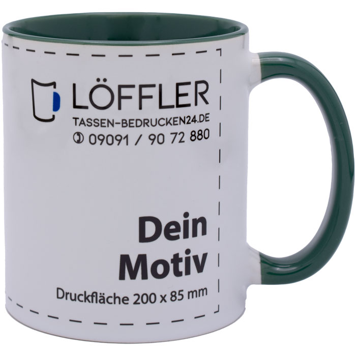 bedruckte Keramiktasse in weiß mit dunkelgrünem Henkel und Innenseite von TASSEN-BEDRUCKEN24.DE