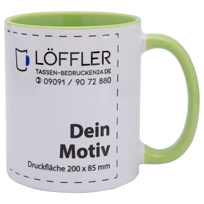 Weiße Keramiktasse mit hellgrünem Henkel und Innenseite