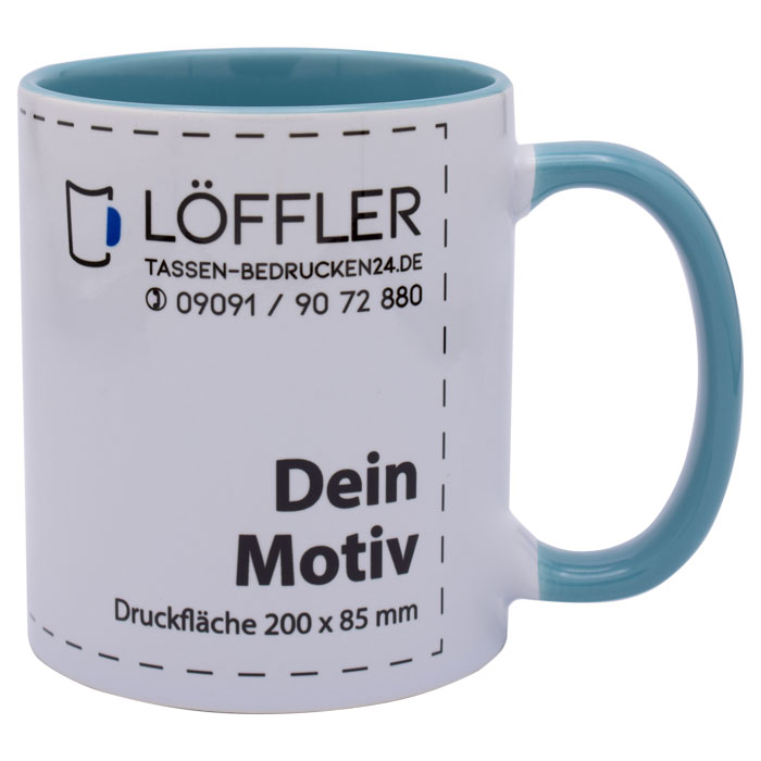 bedruckte Keramiktasse in weiß mit Henkel und Innenseite in türkis von TASSEN-BEDRUCKEN24.DE