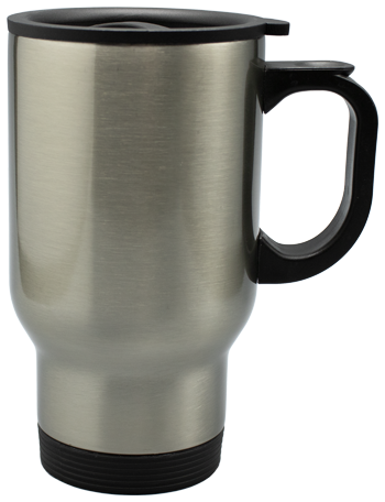 Silberner Thermobecher mit Deckel und Henkel zum bedrucken