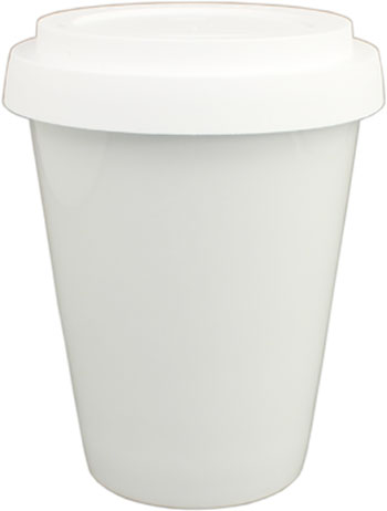 Coffee to go Becher aus Porzellan mit weißem Silikondeckel