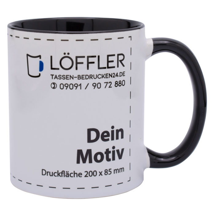 bedruckte Keramiktasse in weiß mit schwarzem Henkel und Innenraum von TASSEN-BEDRUCKEN24.DE