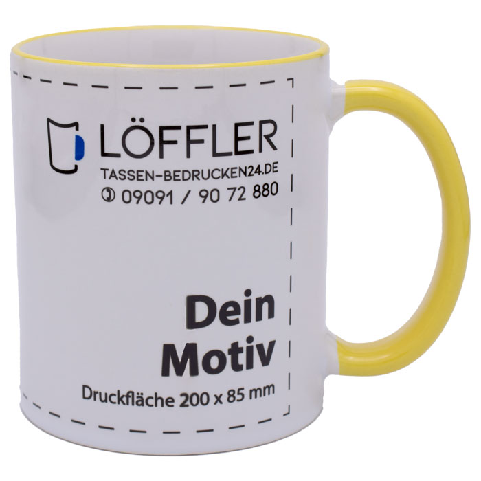 Tasse zum bedrucken mit Ihrem Logo oder Motiv bei TASSEN-BEDRUCKEN24.DE Werbetasse CARLA, Henkel und Trinkrand in leuchtendem gelb