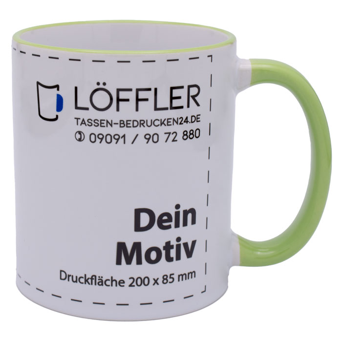 Tassen mit Logo bedrucken bei TASSEN-BEDRUCKEN24.DE. Große Druckfläche und brillanter Druck. Keramiktasse CARLA in hellgrün