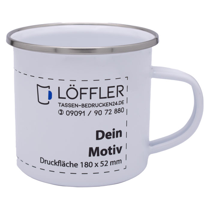 Tassen mit Logo bedrucken bei TASSEN-BEDRUCKEN24.DE. Große Druckfläche und brillanter Druck. Emailletasse mit silbernem Rand von TASSEN-BEDRUCKEN24.DE