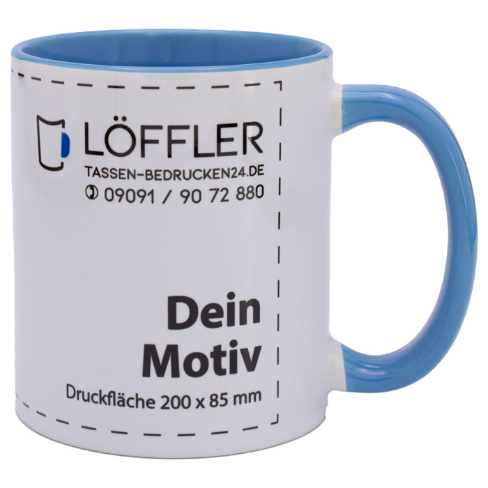 Tasse zum bedrucken mit Ihrem Logo oder Motiv bei TASSEN-BEDRUCKEN24.DE Werbetassen LENA in hellblau mit Logo bedrucken lassen