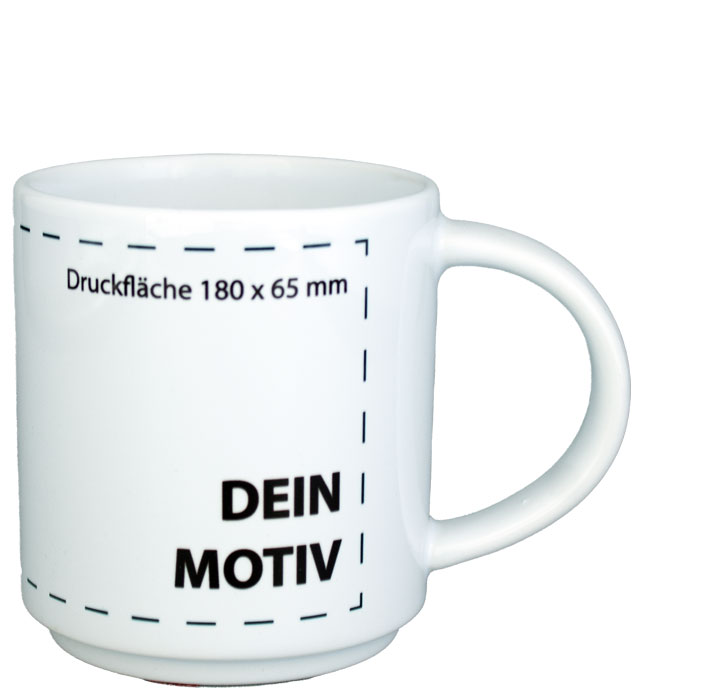 Weiße Werbetasse STACK unbedruckt für Thermosublimationsdruck, stapelbar Werbetasse Stack mit Ihrem Motiv bedrucken lassen