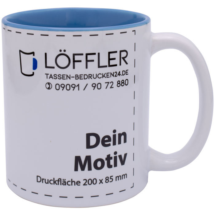 Tasse zum bedrucken mit Ihrem Logo oder Motiv bei TASSEN-BEDRUCKEN24.DE Keramiktasse BIBI mit blauer Innenseite
