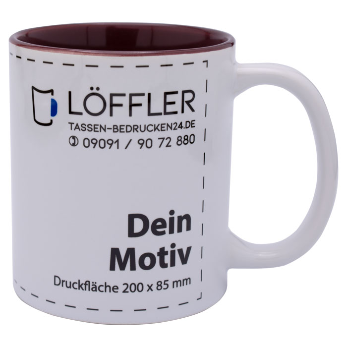 Tasse zum bedrucken mit Ihrem Logo oder Motiv bei TASSEN-BEDRUCKEN24.DE bedruckte Keramiktasse in weiß mit bordaux-roter Innenseite von TASSEN-BEDRUCKEN24.DE