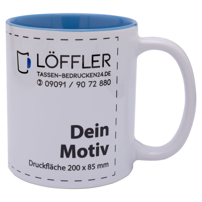 Werbetassen BIBI bedrucken mit Ihrem Logo Keramiktasse mit hellblauer Innenseite
