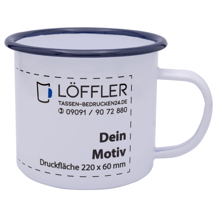Tassen mit Logo bedrucken bei TASSEN-BEDRUCKEN24.DE. Große Druckfläche und brillanter Druck. Große Emailletasse mit blauem Rand