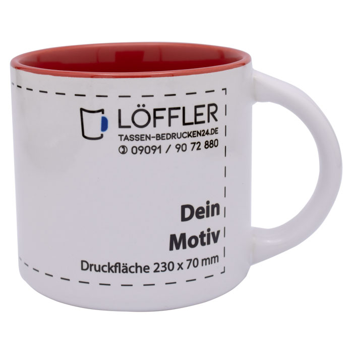 Werbetasse MIKE bei TASSEN-BEDRUCKEN24.de große Keramiktasse in weiß mit roter Innenseite