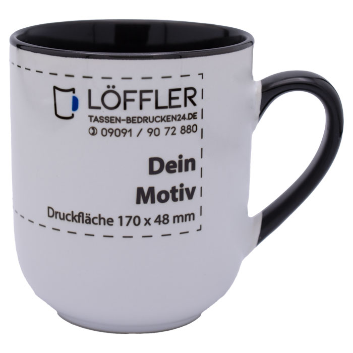 Keramiktassen ab 12 Stück bestellen Tasse PETRA mit schwarzem Henkel und Innenseite
