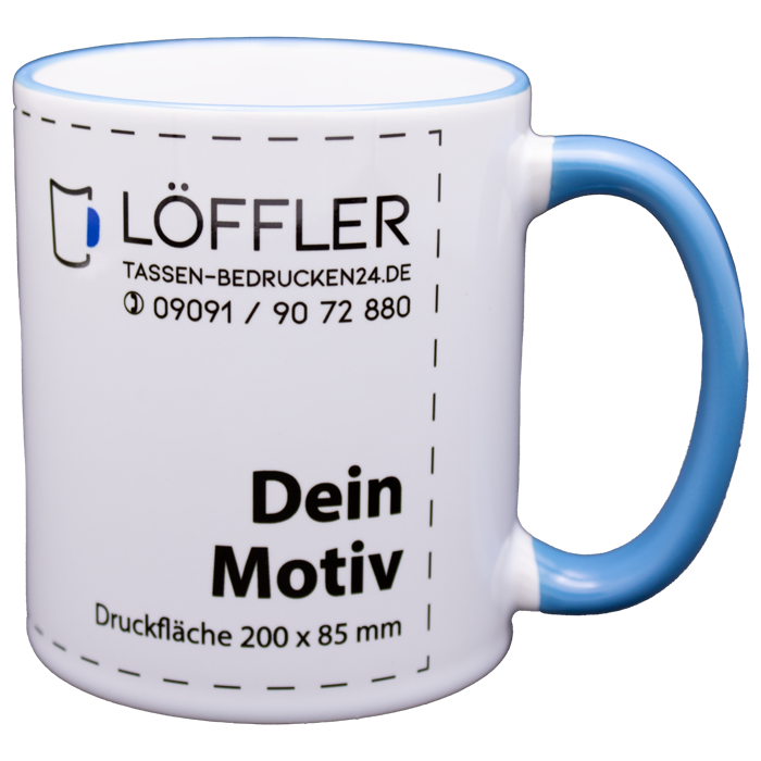 Tasse CARLA mit Logo bedrucken | Spülmaschinenfest | Rand und Henkel hellblau Keramiktasse von TASSEN-BEDRUCKEN24.DE