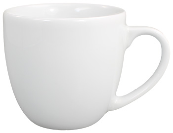 Weiße Porzellantasse mit viel Platz für den Kaffee und den Werbedruck für Dein Unternehmen