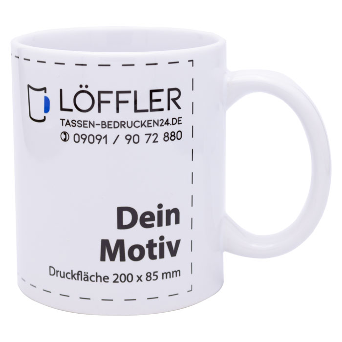 Tassen mit Logo bedrucken bei TASSEN-BEDRUCKEN24.DE. Große Druckfläche und brillanter Druck. bedruckte Keramiktasse in weiß von TASSEN-BEDRUCKEN24.DE